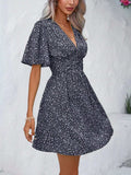 Printed V-Neck Half Sleeve Mini Dress - Trendsi - Flyclothing LLC