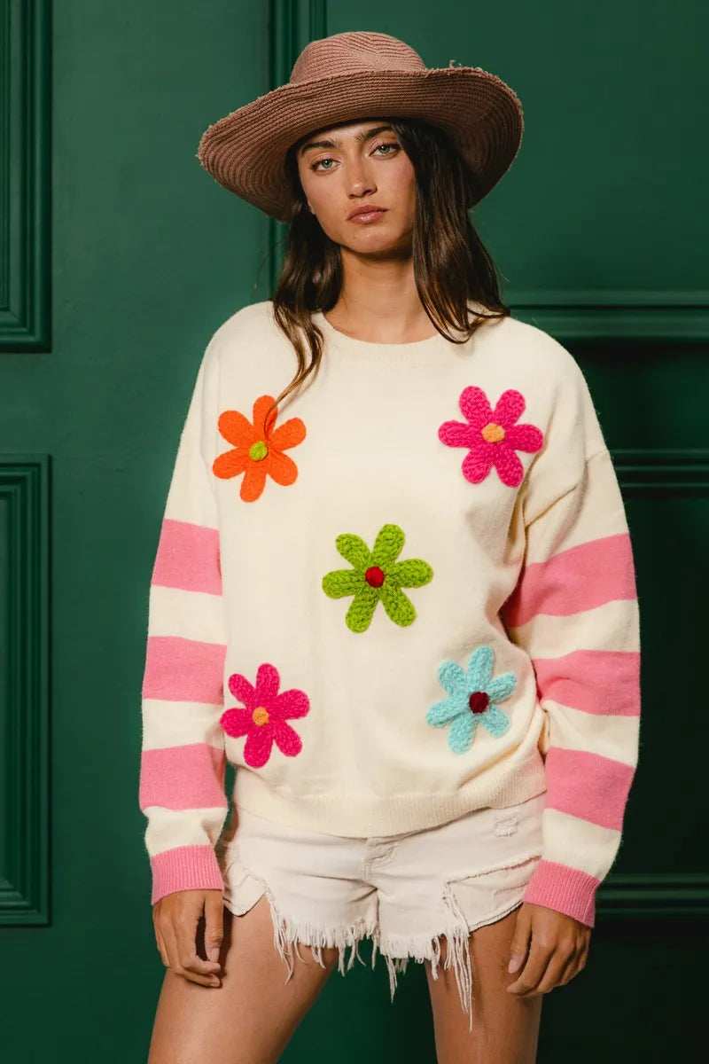 BiBi Colorful Floral Patched Sweater with Striped Sleeve - Trendsi - Flyclothing LLC