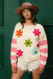 BiBi Colorful Floral Patched Sweater with Striped Sleeve - Trendsi - Flyclothing LLC