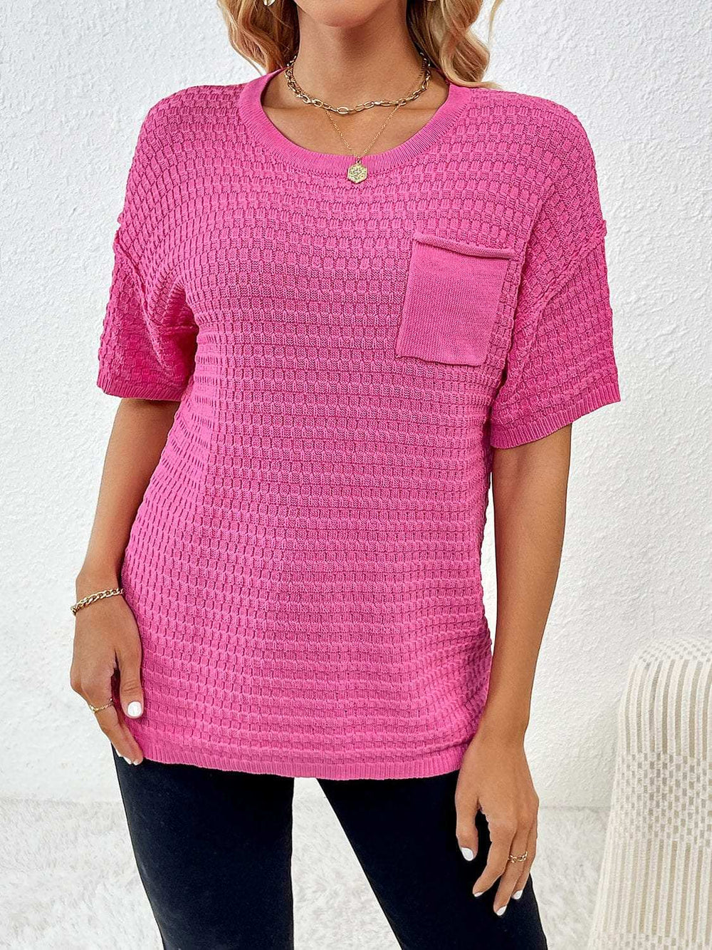 Round Neck Half Sleeve Knit Top - Trendsi - Flyclothing LLC