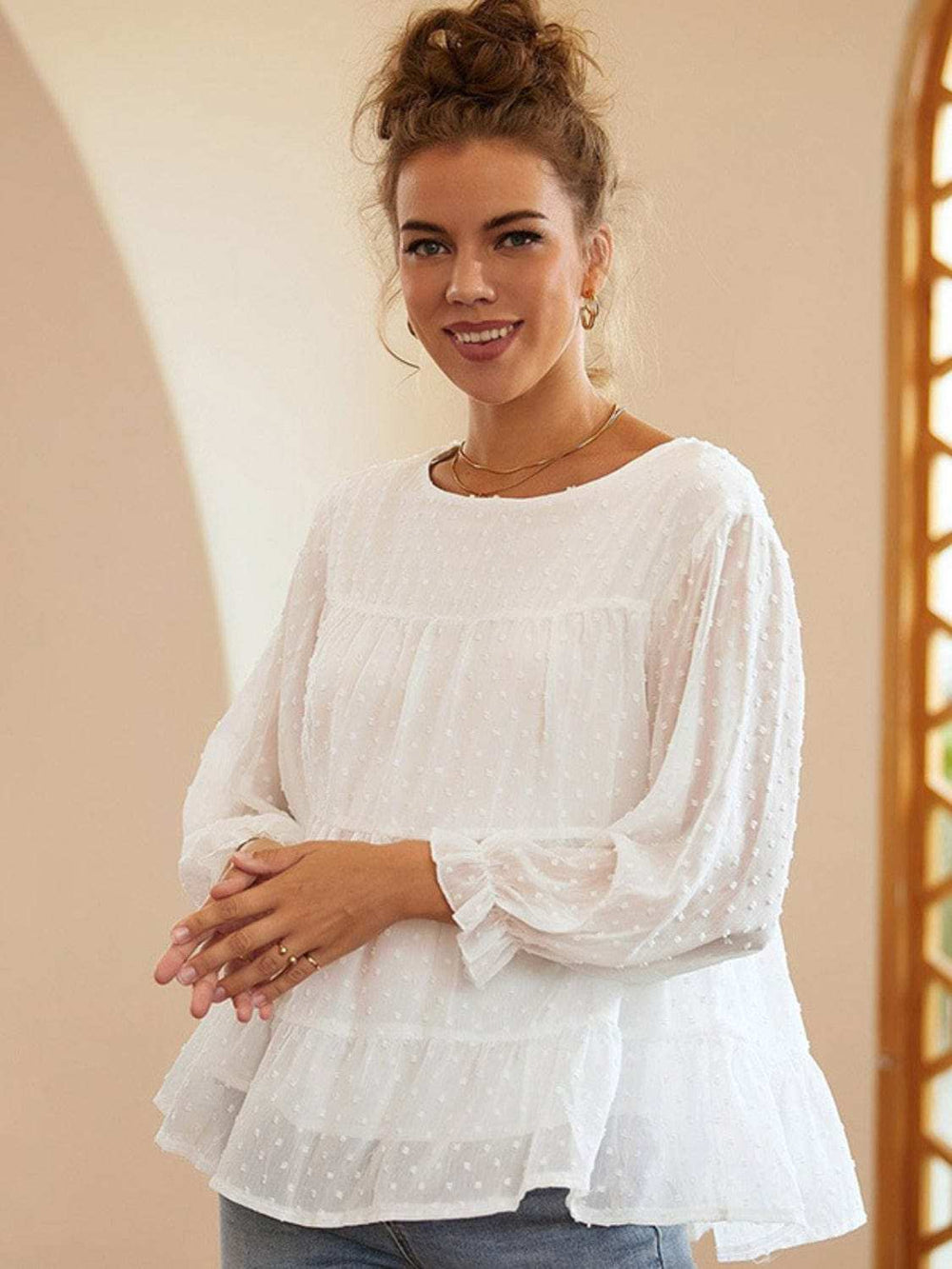 Full Size Swiss Dot Ruffled Round Neck Long Sleeve Blouse - Trendsi - Flyclothing LLC