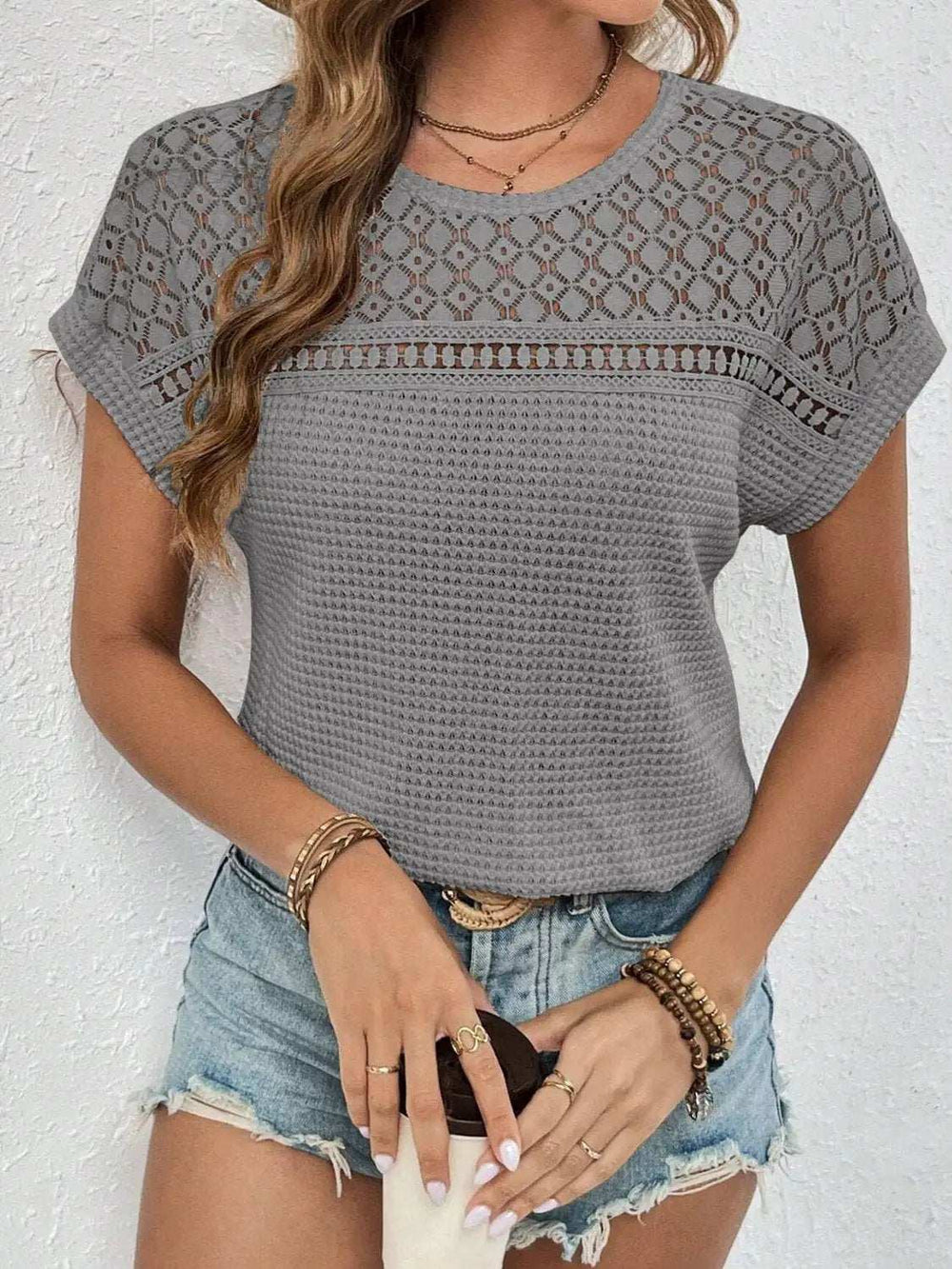 Waffle-Knit Round Neck Short Sleeve Top - Trendsi - Flyclothing LLC