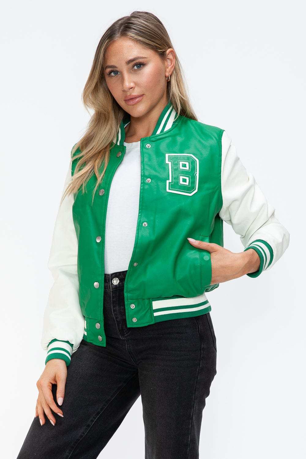 Love Me Now PU Leather Contrast Snap Down Bomber Jacket - Trendsi - Flyclothing LLC