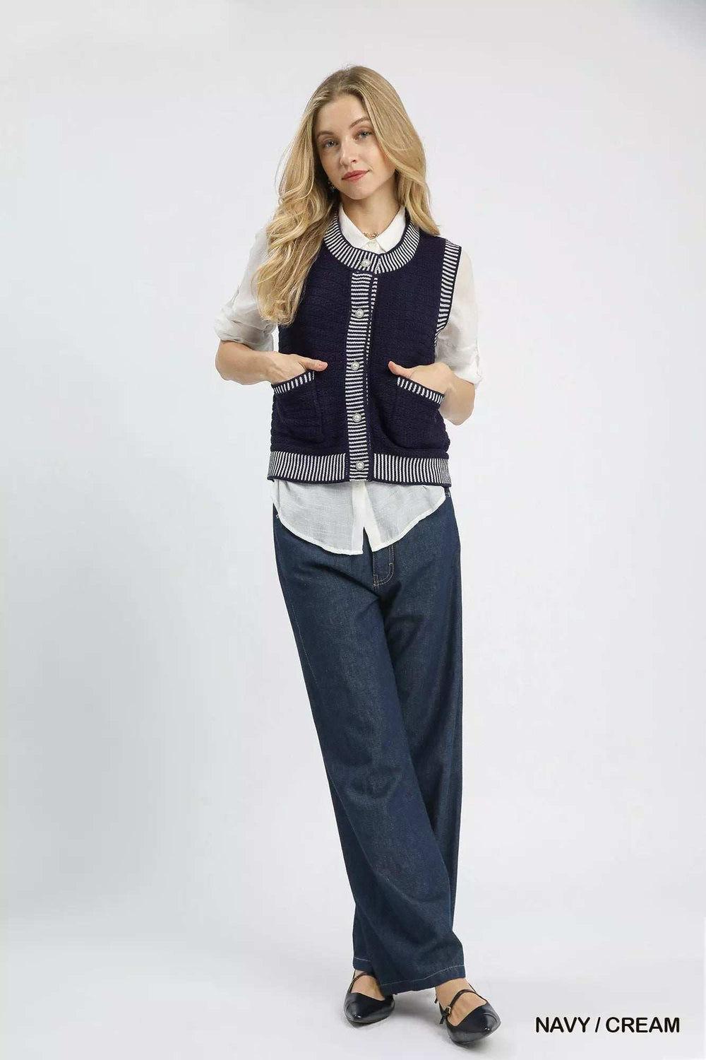 Umgee Contrast Striped Trim Button-Down Sweater Vest - Trendsi - Flyclothing LLC