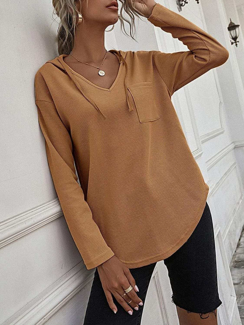 Drawstring Waffle Knit Long Sleeve Hooded Top - Trendsi - Flyclothing LLC