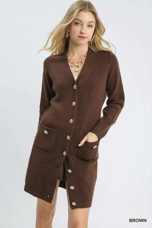 Umgee Button-Down Longline Sweater Cardigan with Front Pockets - Trendsi - Flyclothing LLC
