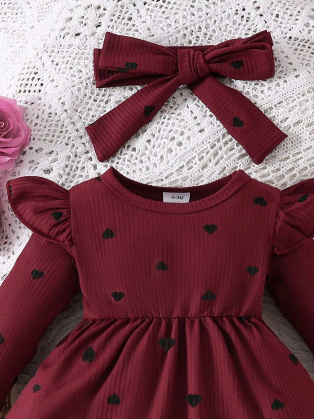Children's Heart Print Ruffle Trim Bodysuit Dress with Headband - Trendsi - Flyclothing LLC