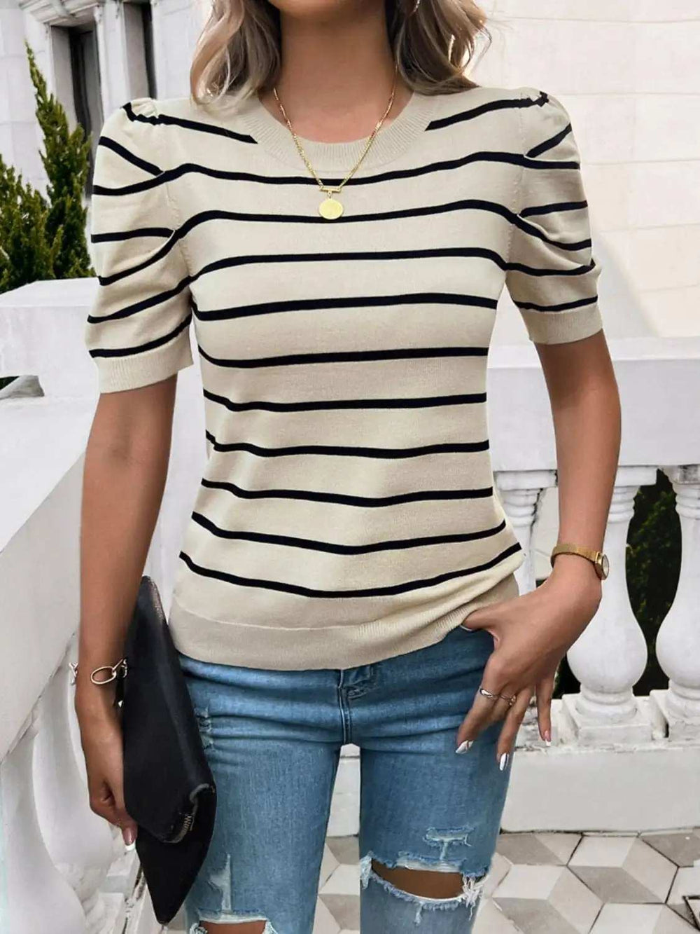 Striped Round Neck Puff Sleeve Knit Top - Trendsi - Flyclothing LLC