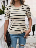 Striped Round Neck Puff Sleeve Knit Top - Trendsi - Flyclothing LLC