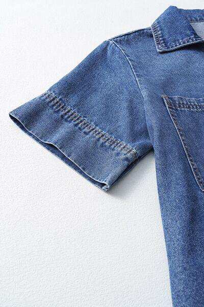 Short Sleeve Collared Patched Pocket Denim Mini Dress - Trendsi - Flyclothing LLC