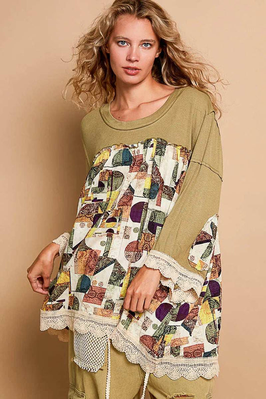 POL Bohemian Geometric Print Long Sleeve Top with Lace Trim - Trendsi - Flyclothing LLC