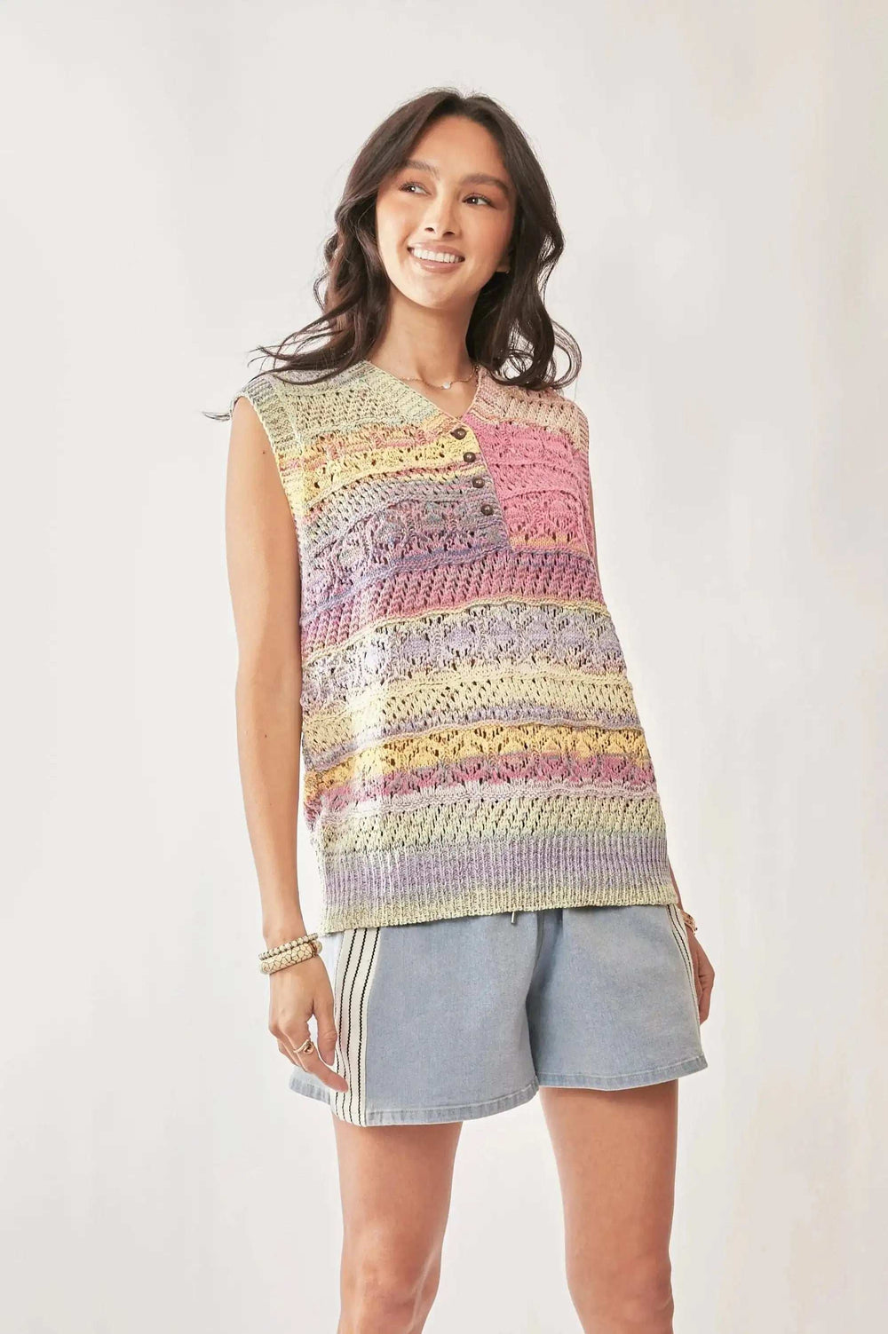 Davi & Dani Multi Color Crochet Sleeveless Knit Vest Top - Trendsi - Flyclothing LLC
