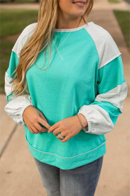 Plus Size Exposed Seam Color Block Long Sleeve Sweatshirt - Trendsi - Flyclothing LLC