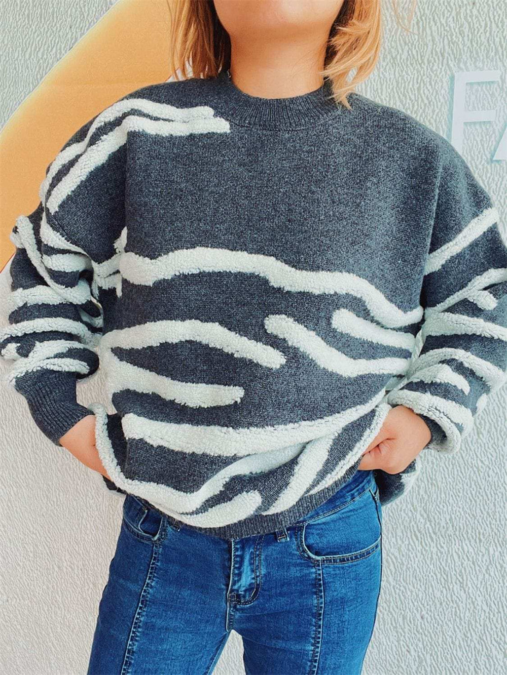 Contrast Round Neck Long Sleeve Sweater - Trendsi - Flyclothing LLC