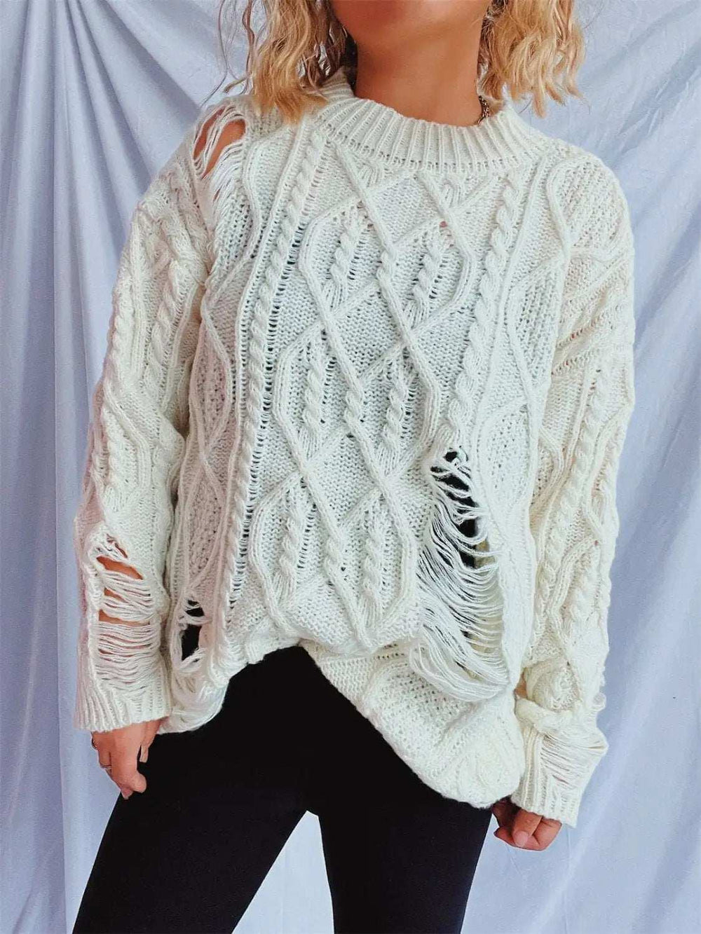 Distressed Cable-Knit Round Neck Long Sleeve Sweater - Trendsi - Flyclothing LLC