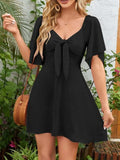 Smocked Back Knotted Flutter Sleeve Dress - Trendsi - Flyclothing LLC