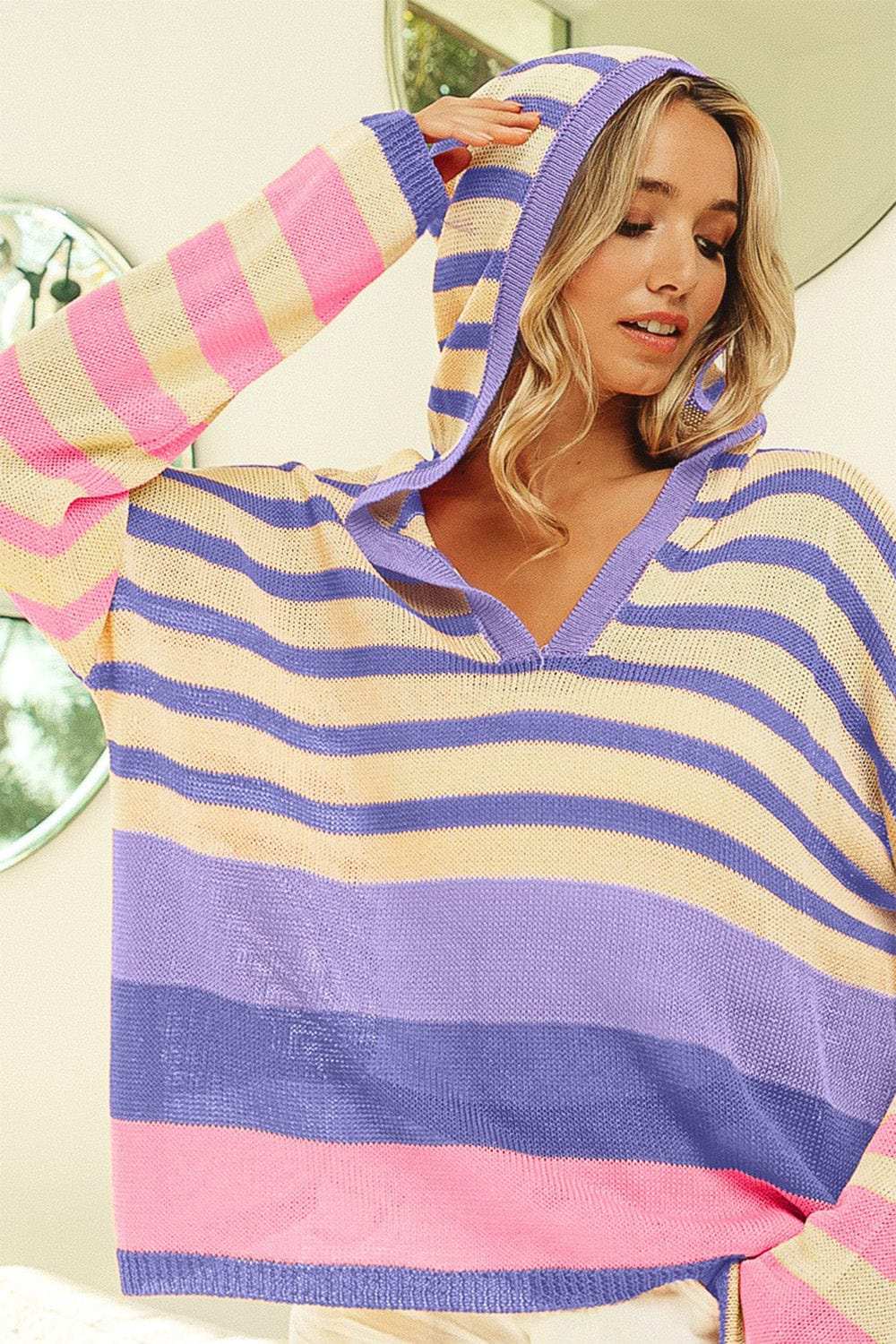 BiBi Striped Color Block Hooded Knit Top - Trendsi - Flyclothing LLC