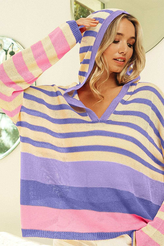 BiBi Striped Color Block Hooded Knit Top - Trendsi - Flyclothing LLC