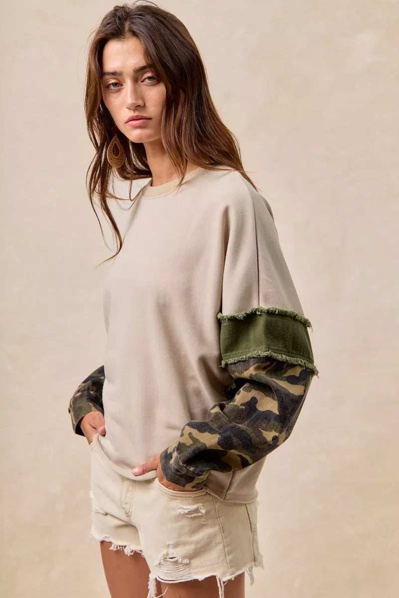 BiBi Camo Sleeve French Terry Top with Frayed Edge - Trendsi - Flyclothing LLC