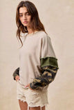 BiBi Camo Sleeve French Terry Top with Frayed Edge - Trendsi - Flyclothing LLC