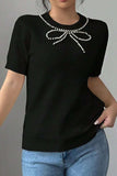 Pearl Bow Necklace Embellished Short Sleeve Knit Top - Trendsi - Flyclothing LLC
