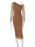 One-Shoulder Ruched Bodycon Midi Dress - Trendsi - Flyclothing LLC