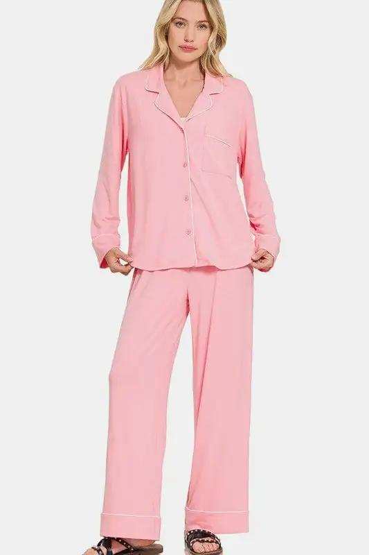 Zenana Button Down Long Sleeve Top and Pants Lounge Set - Trendsi - Flyclothing LLC
