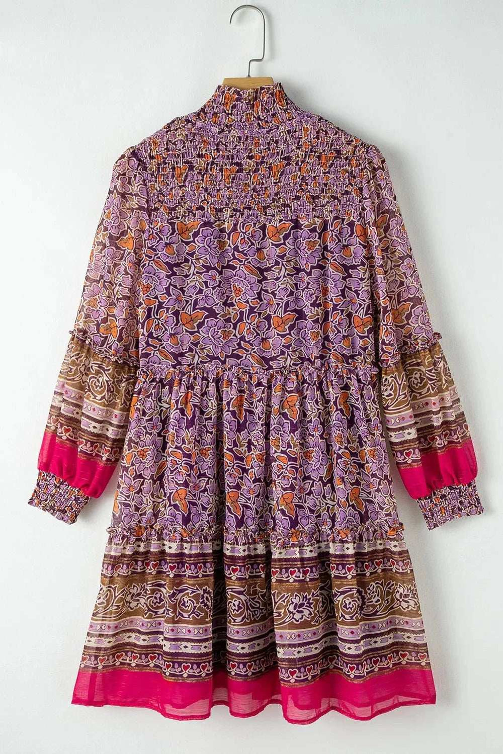 Smocked Floral Turtleneck Long Sleeve Dress - Trendsi - Flyclothing LLC