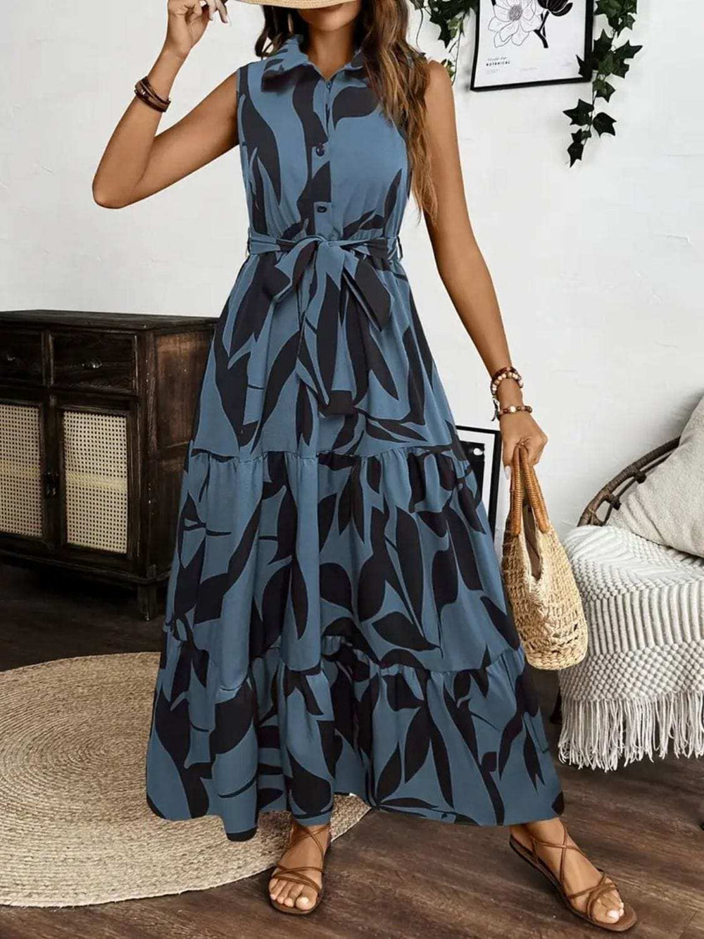 Printed Tie Waist Sleeveless Maxi Dress - Trendsi - Flyclothing LLC