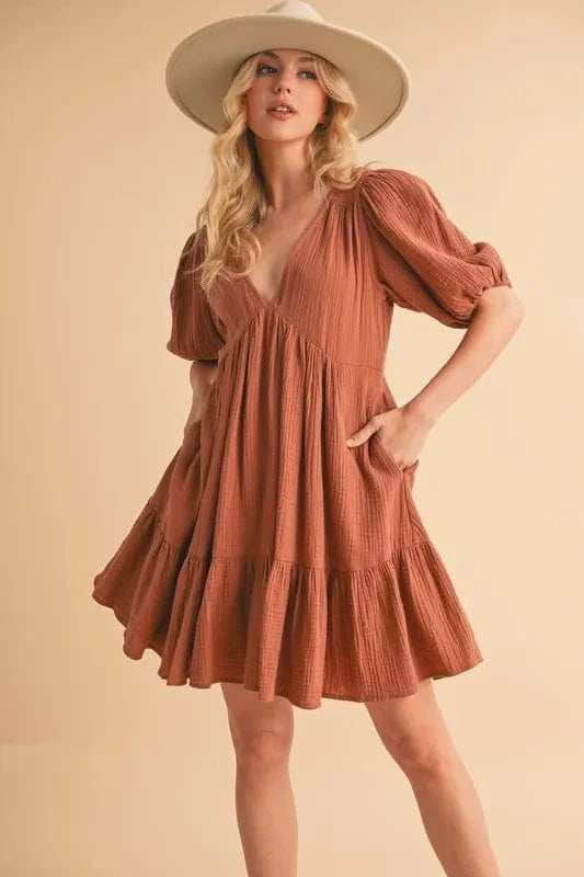 Aemi+Co Tied Back Ruffled Short Sleeve Mini Dress - Trendsi - Flyclothing LLC