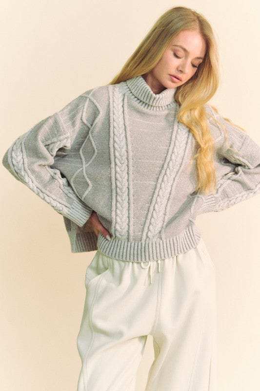 Davi & Dani Cable-Knit Turtleneck Dropped Shoulder Sweater - Trendsi - Flyclothing LLC