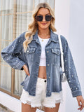 Pearl Trim Raw Hem Denim Jacket - Trendsi - Flyclothing LLC