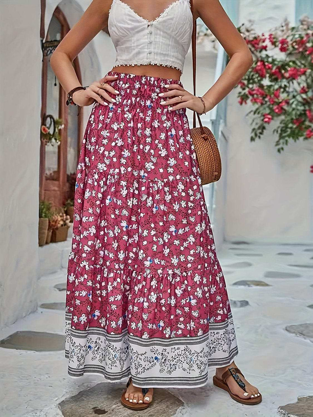 Full Size Tiered Printed Elastic Waist Skirt - Trendsi - Flyclothing LLC