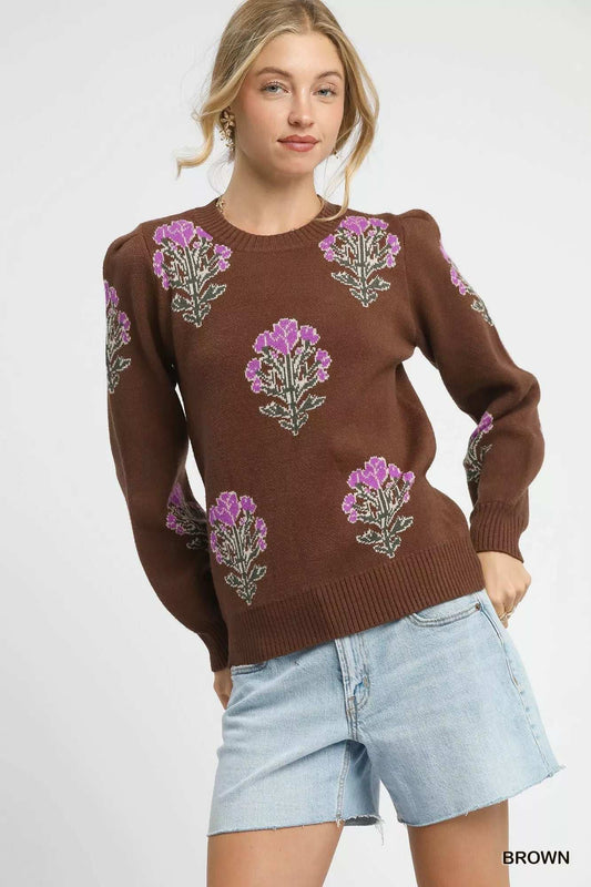 Umgee Single Flower Stem Jacquard Sweater - Trendsi - Flyclothing LLC