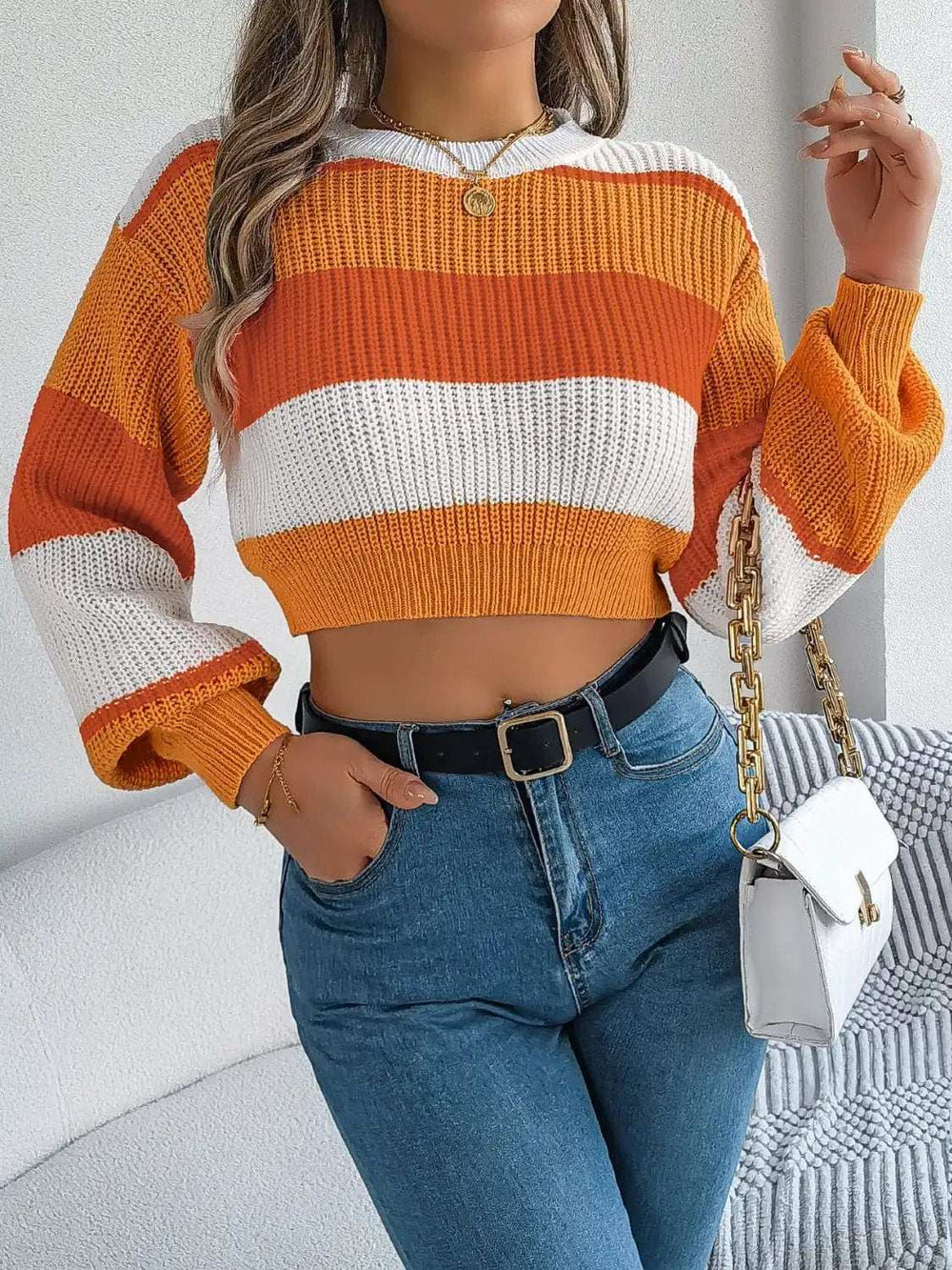 Color Block Round Neck Cropped Sweater - Trendsi - Flyclothing LLC