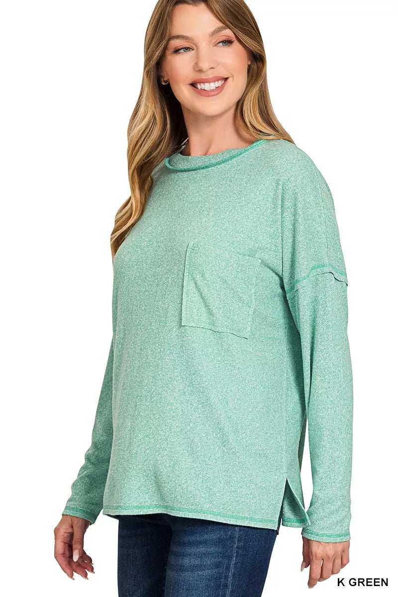 Zenana Soft Melange Hacci Round-Neck Long Sleeve T-Shirt - Trendsi - Flyclothing LLC