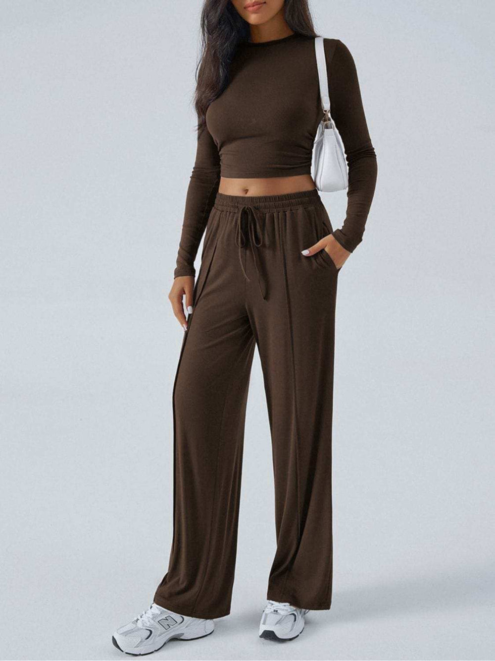 Devine Round Neck Long Sleeve Top and Pants Set - Trendsi - Flyclothing LLC