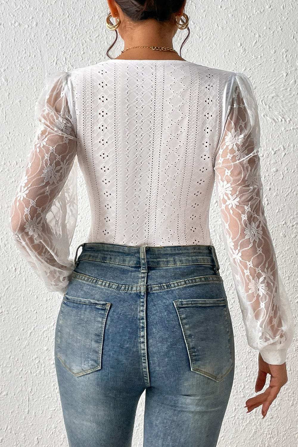 Eyelet Lace Long Sleeve Bodysuit - Trendsi - Flyclothing LLC