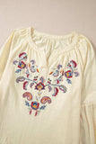 Embroidered Notched Long Sleeve Blouse - Trendsi - Flyclothing LLC