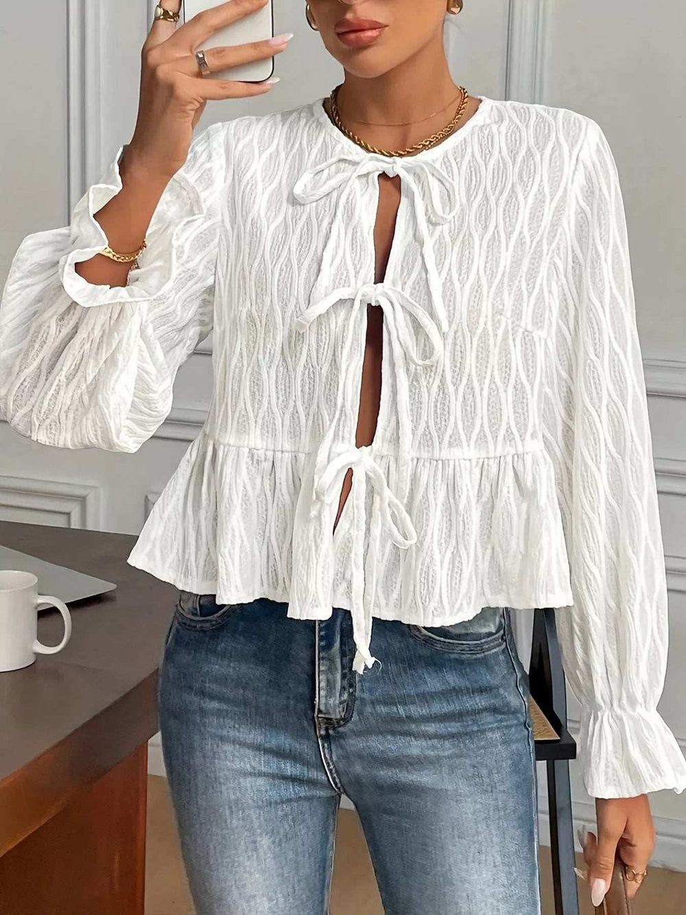 Tie Front Flounce Sleeve Blouse - Trendsi - Flyclothing LLC