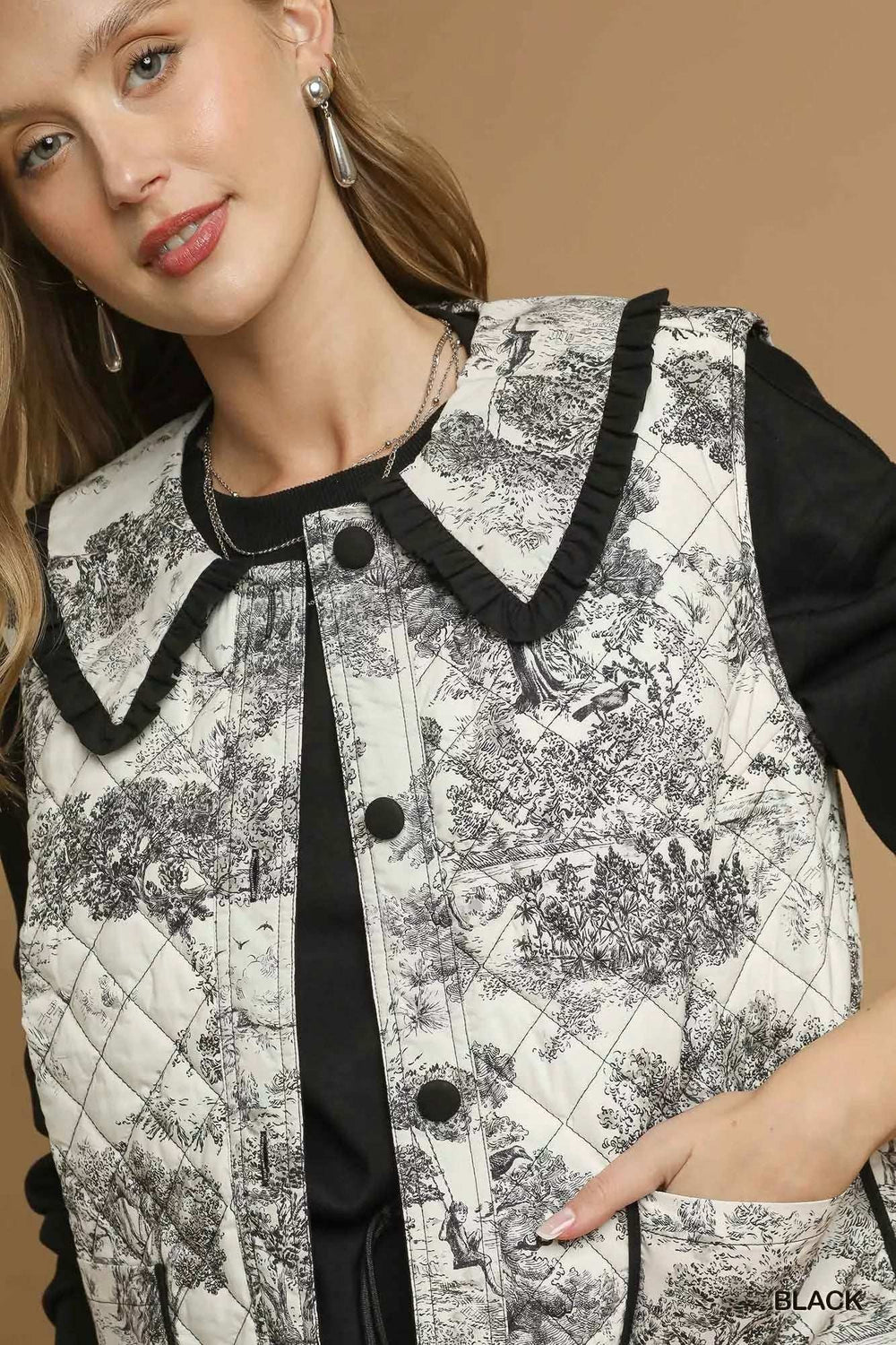 Umgee Toile Quilted Vest with Ruffle Collar - Trendsi - Flyclothing LLC