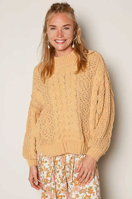 POL Mock Neck Cable Knit Sweater - Trendsi - Flyclothing LLC