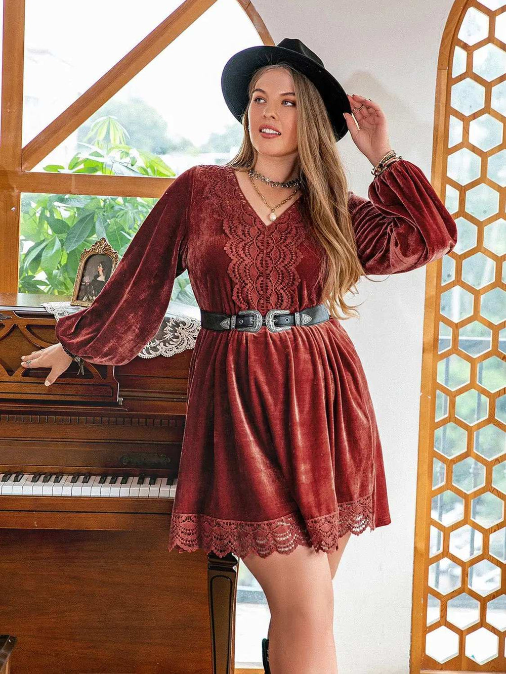 Plus Size Lace Detail V-Neck Long Sleeve Mini Dress - Trendsi - Flyclothing LLC