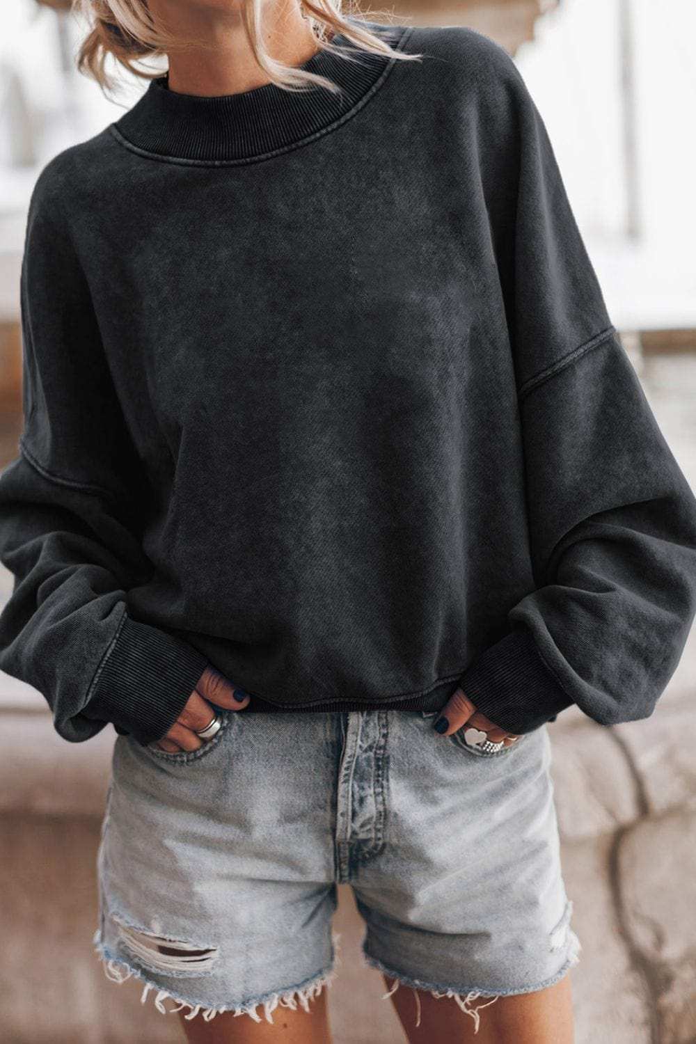 Mock Neck Dropped Shoulder Sweatshirt - Trendsi - Flyclothing LLC