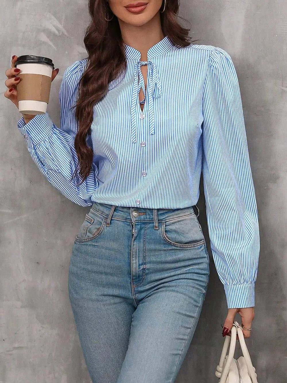 Striped Tie Neck Long Sleeve Blouse - Trendsi - Flyclothing LLC