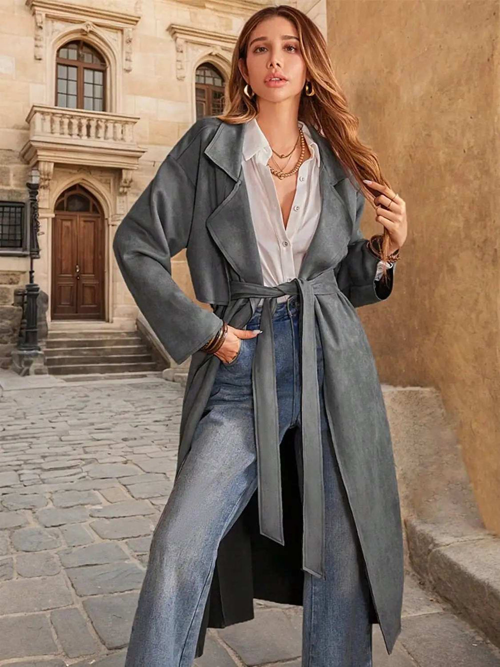 Tie Waist Long Sleeve Coat - Trendsi - Flyclothing LLC