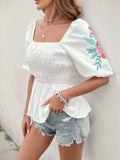 Perfee Embroidered Smocked Square Neck Half Sleeve Blouse - Trendsi - Flyclothing LLC