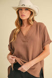 Aemi + Co Side Slit V-Neck Short Sleeve Blouse - Trendsi - Flyclothing LLC