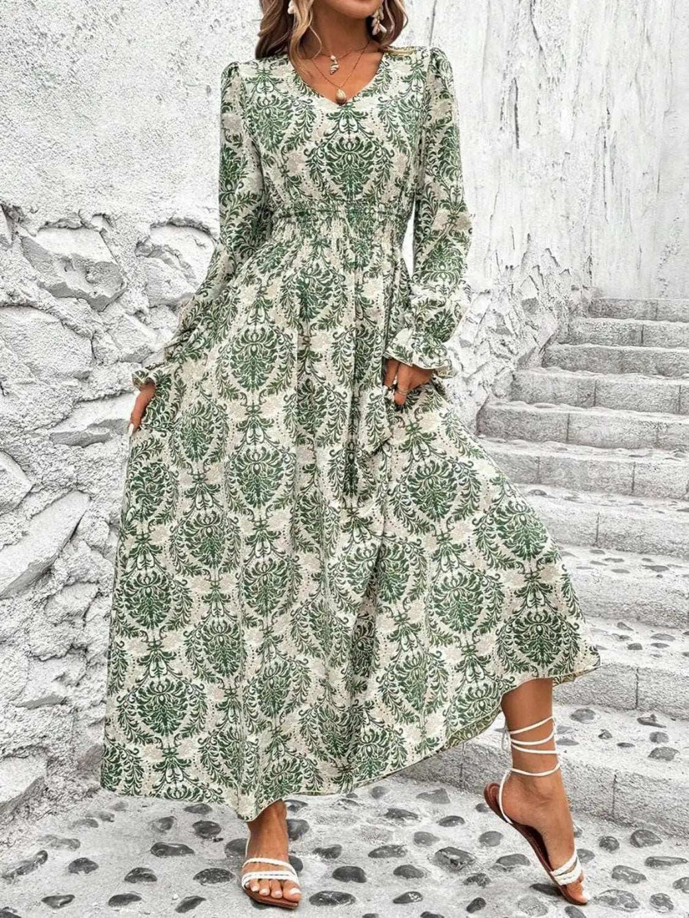 Smocked Printed V-Neck Flounce Sleeve Dress - Trendsi - Flyclothing LLC