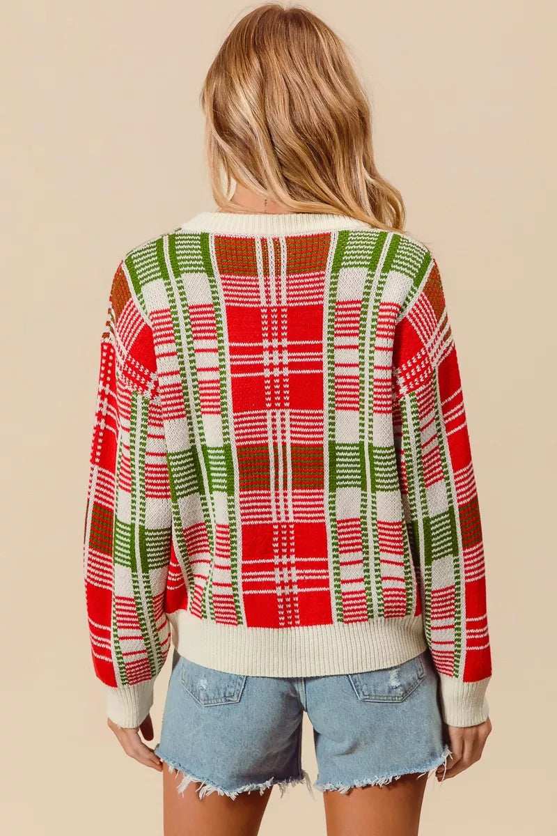 SO ME Christmas Color Checkered Plaid Crew Neck Sweater - Trendsi - Flyclothing LLC